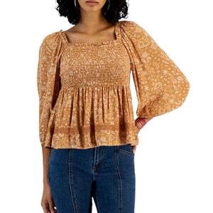 Hippie Rose Brown Floral Print Lace Detail Smocked Blouse Top Boho  Beachy